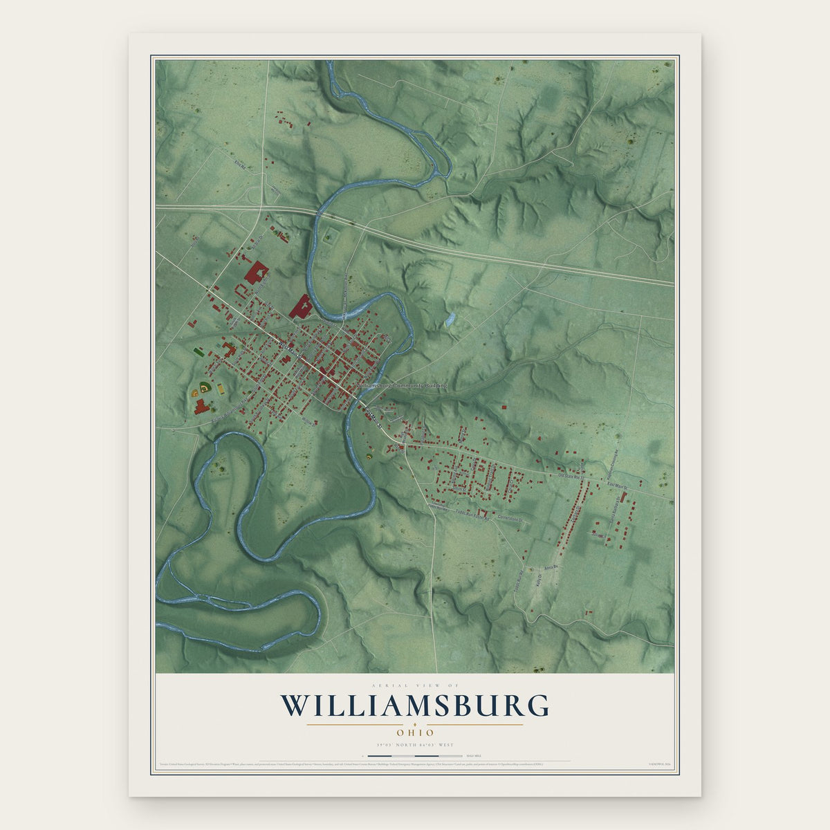 Williamsburg, Ohio map print, the full design