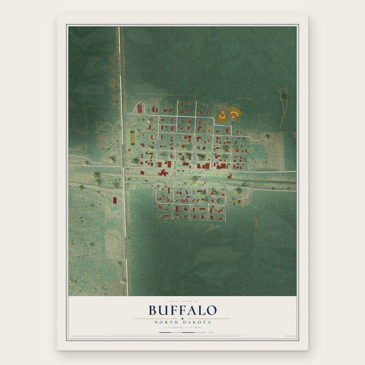 Buffalo, North Dakota map print, the full design