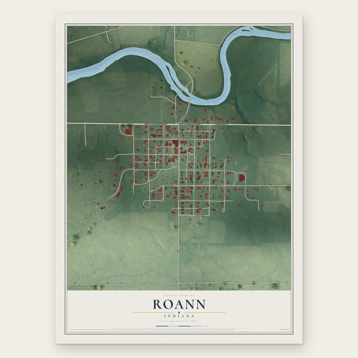 Roann, Indiana map print, the full design
