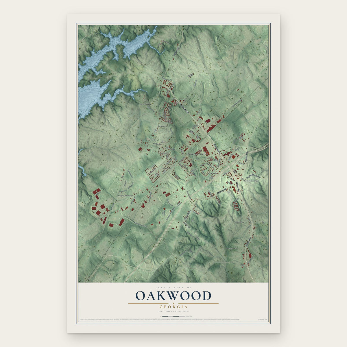 Oakwood, Georgia map print, the full design