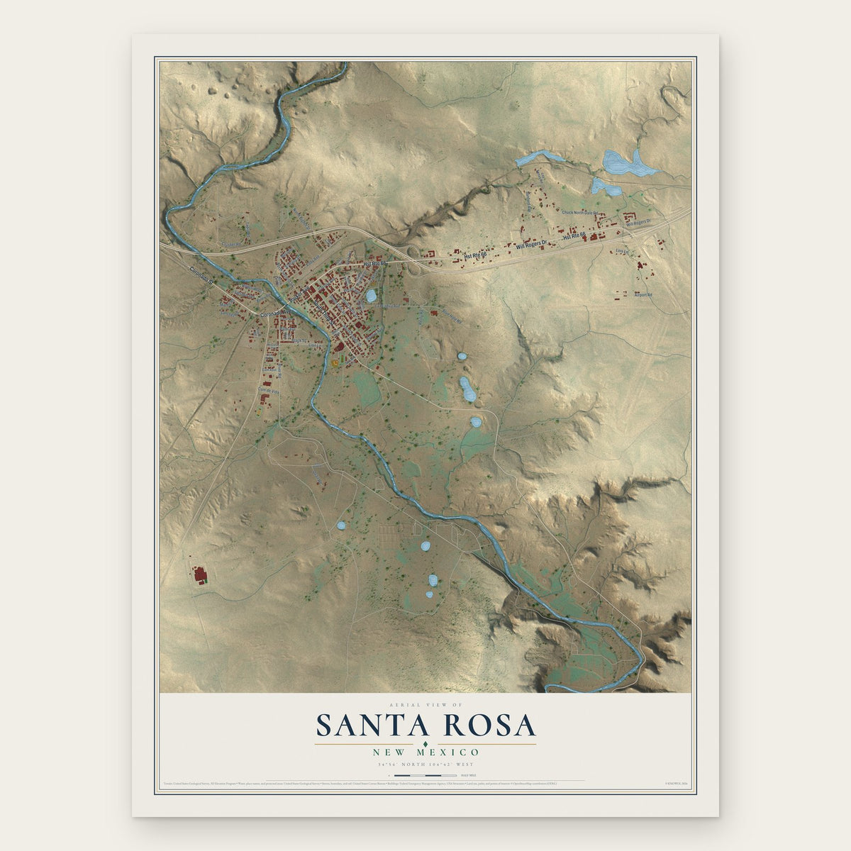 Santa Rosa, New Mexico map print, the full design