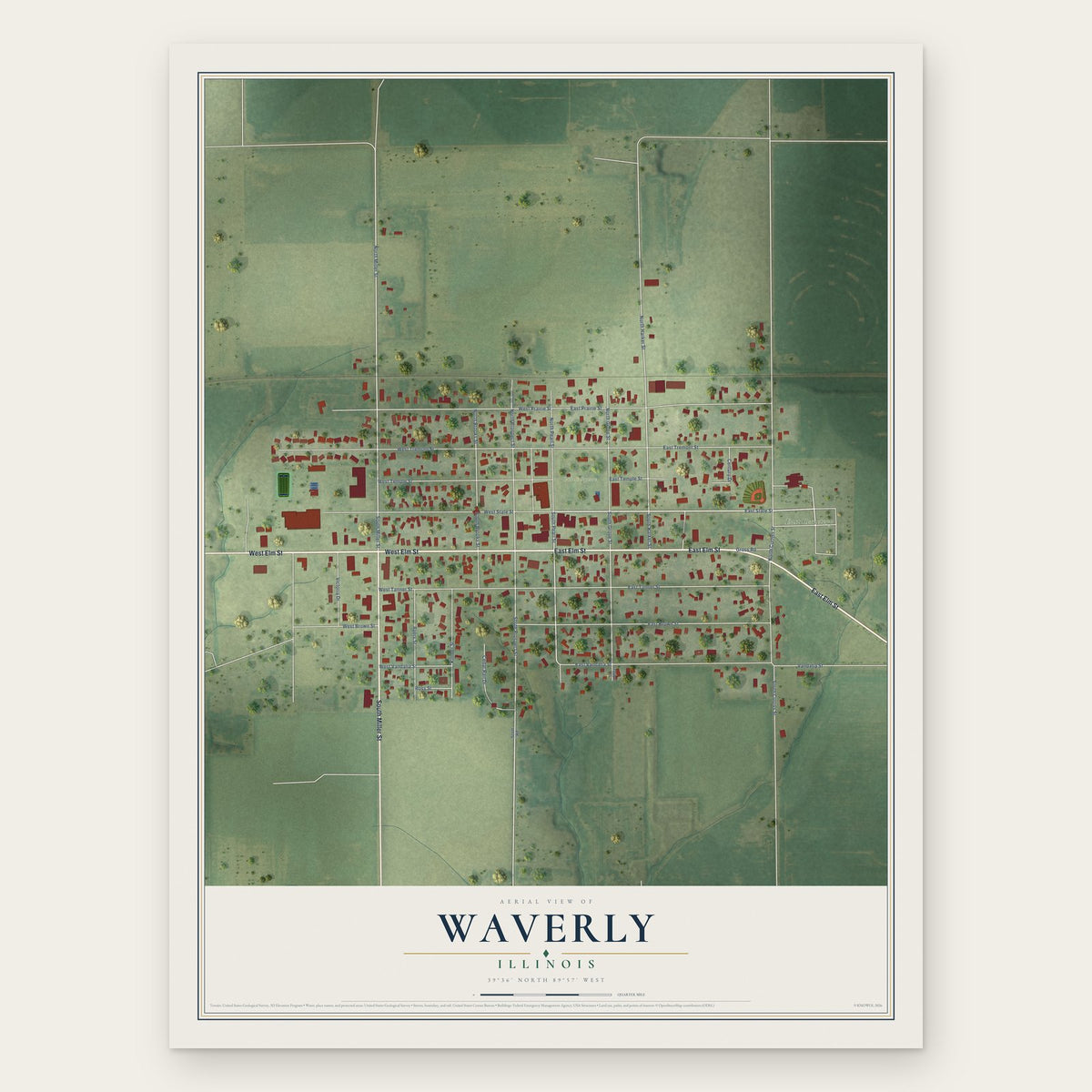Waverly, Illinois map print, the full design