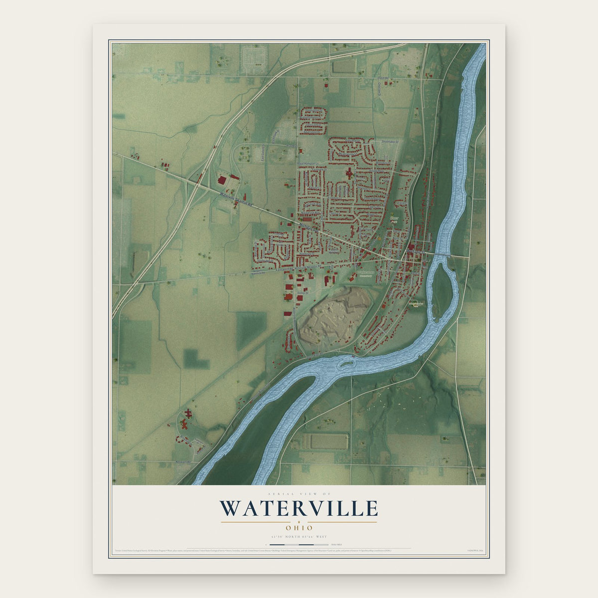 Waterville, Ohio map print, the full design