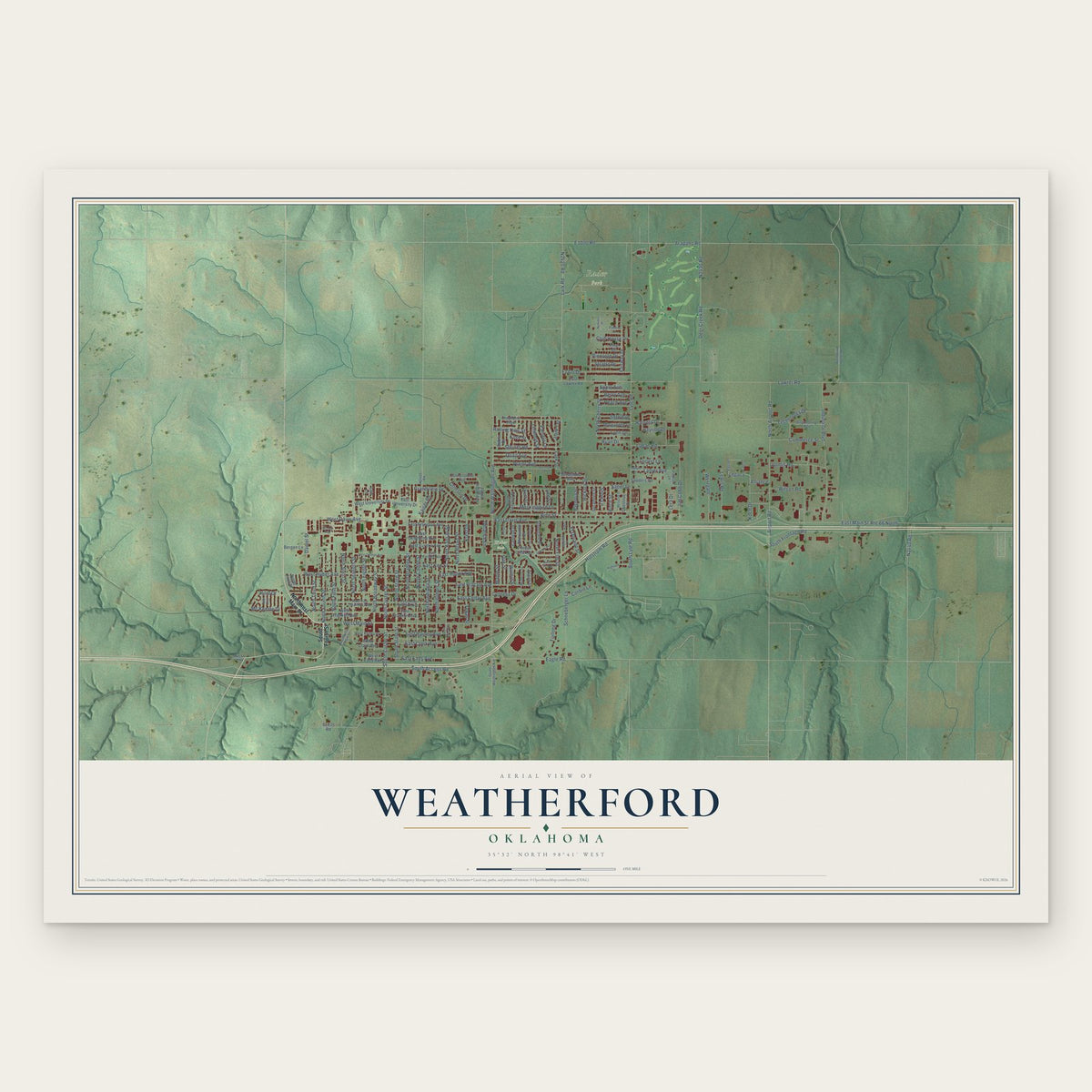 Weatherford, Oklahoma map print, the full design