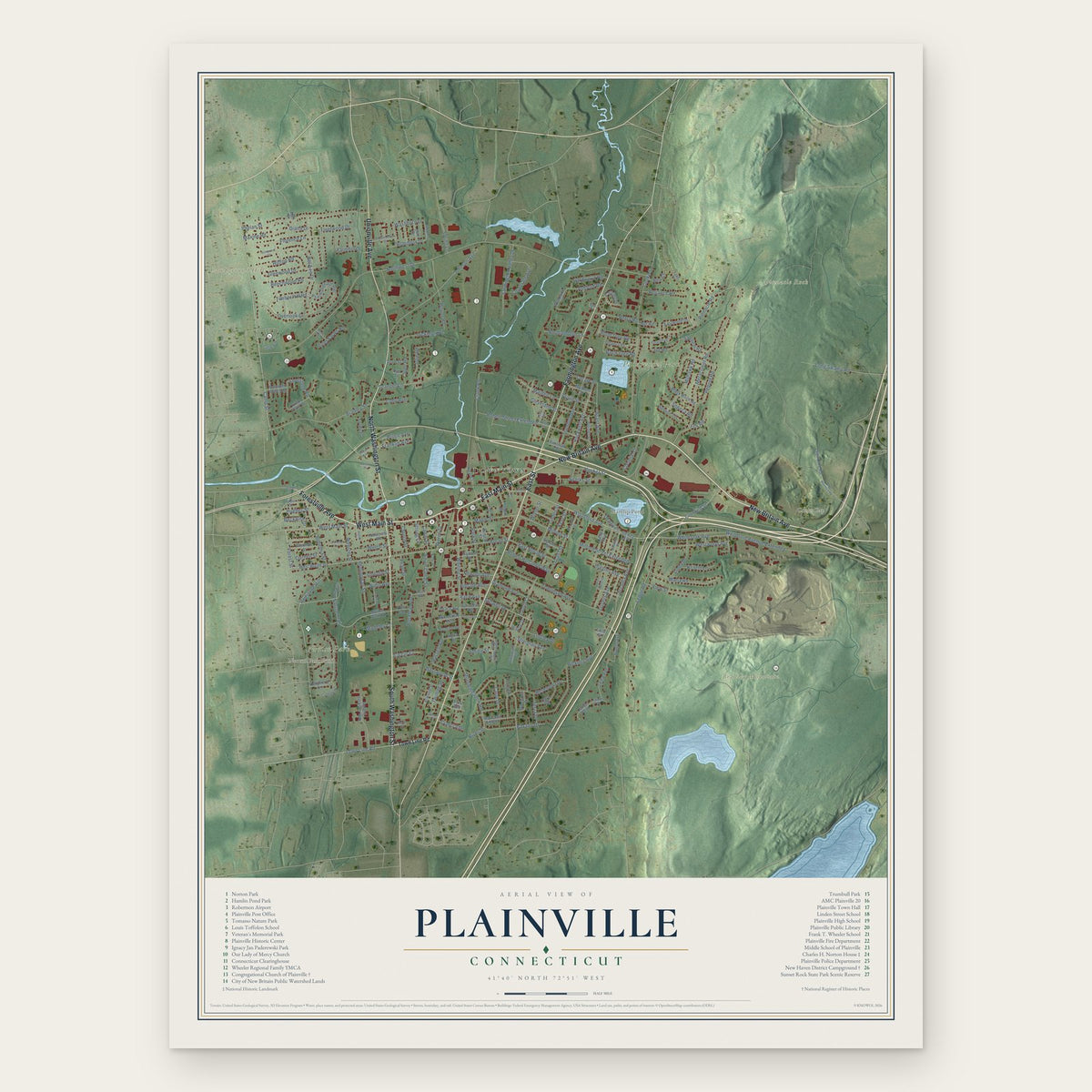 Plainville, Connecticut map print, the full design