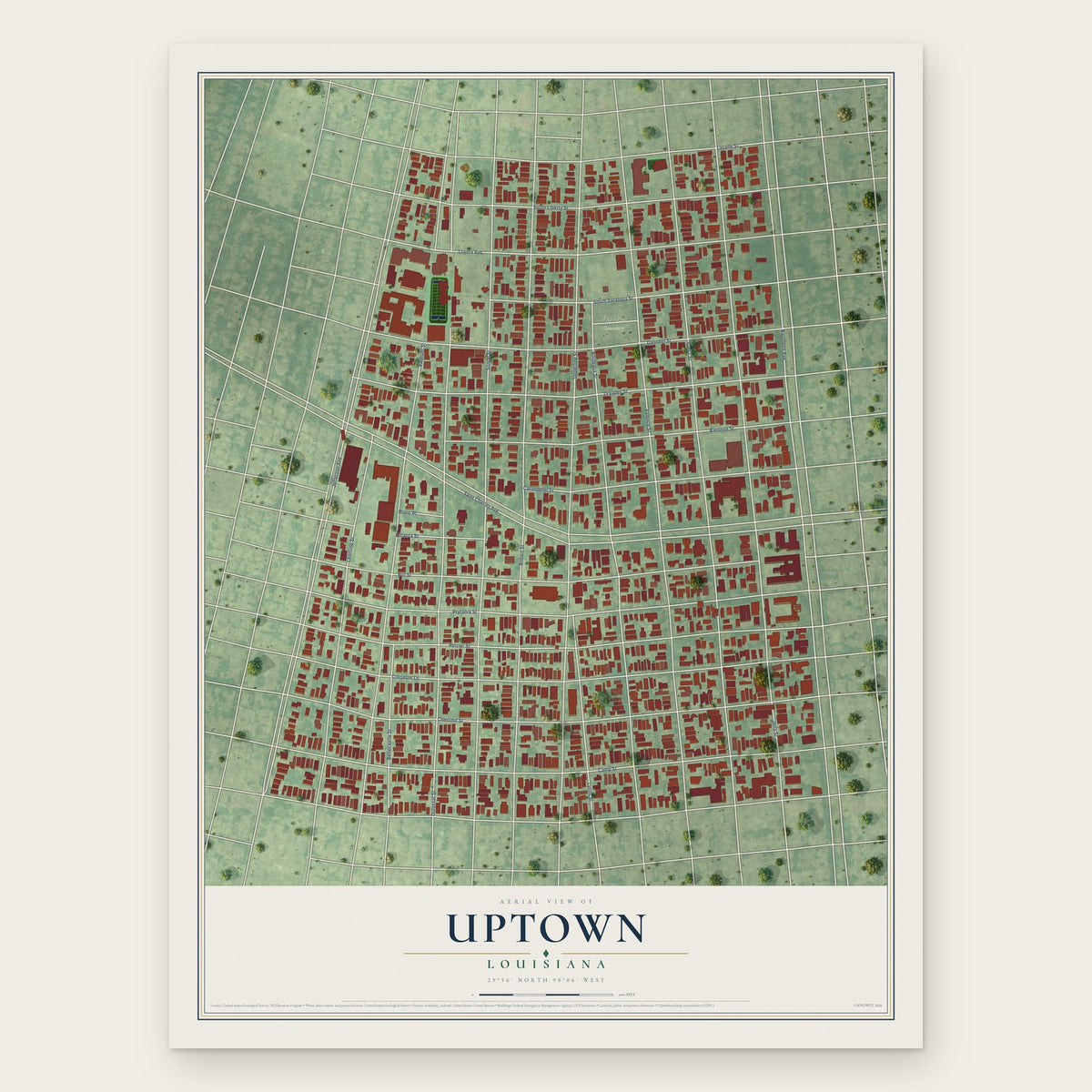 Uptown, Louisiana map print, the full design