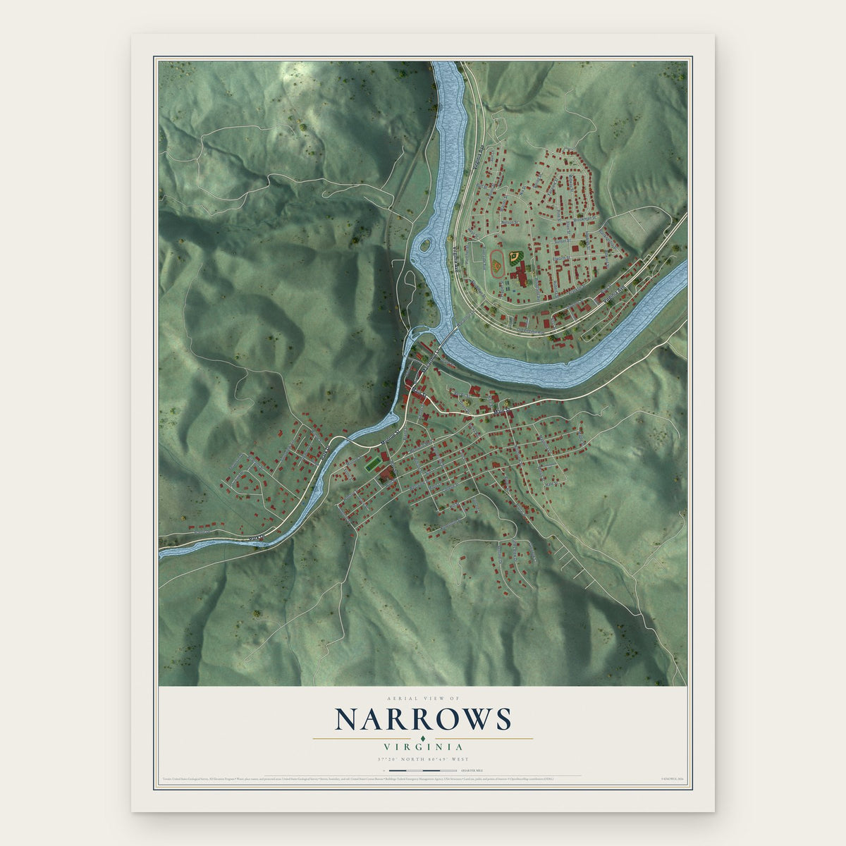 Narrows, Virginia map print, the full design