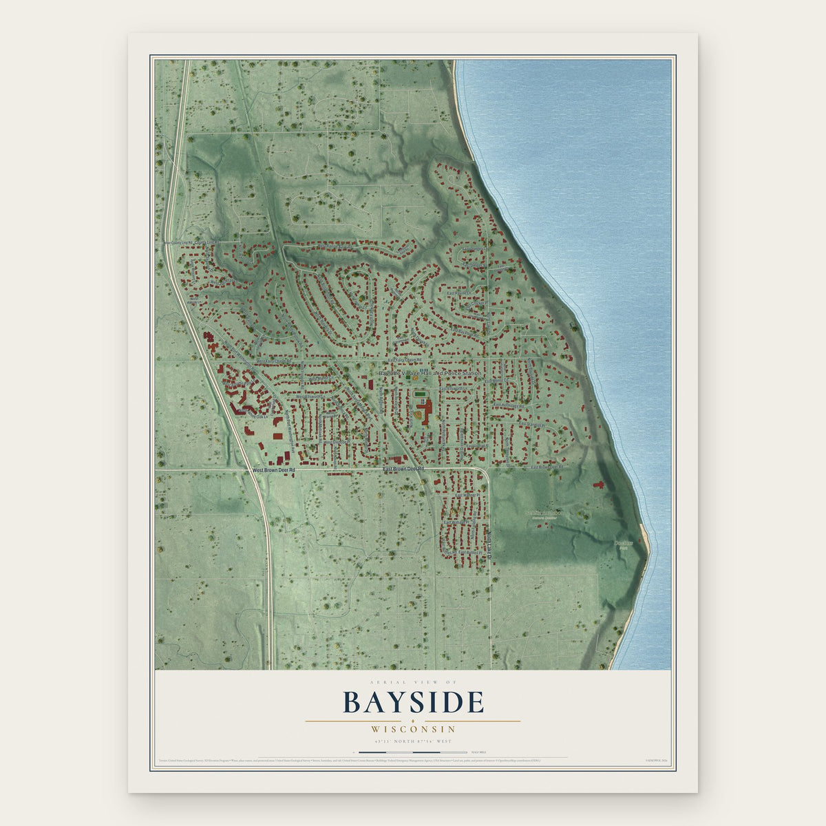 Bayside, Wisconsin map print, the full design