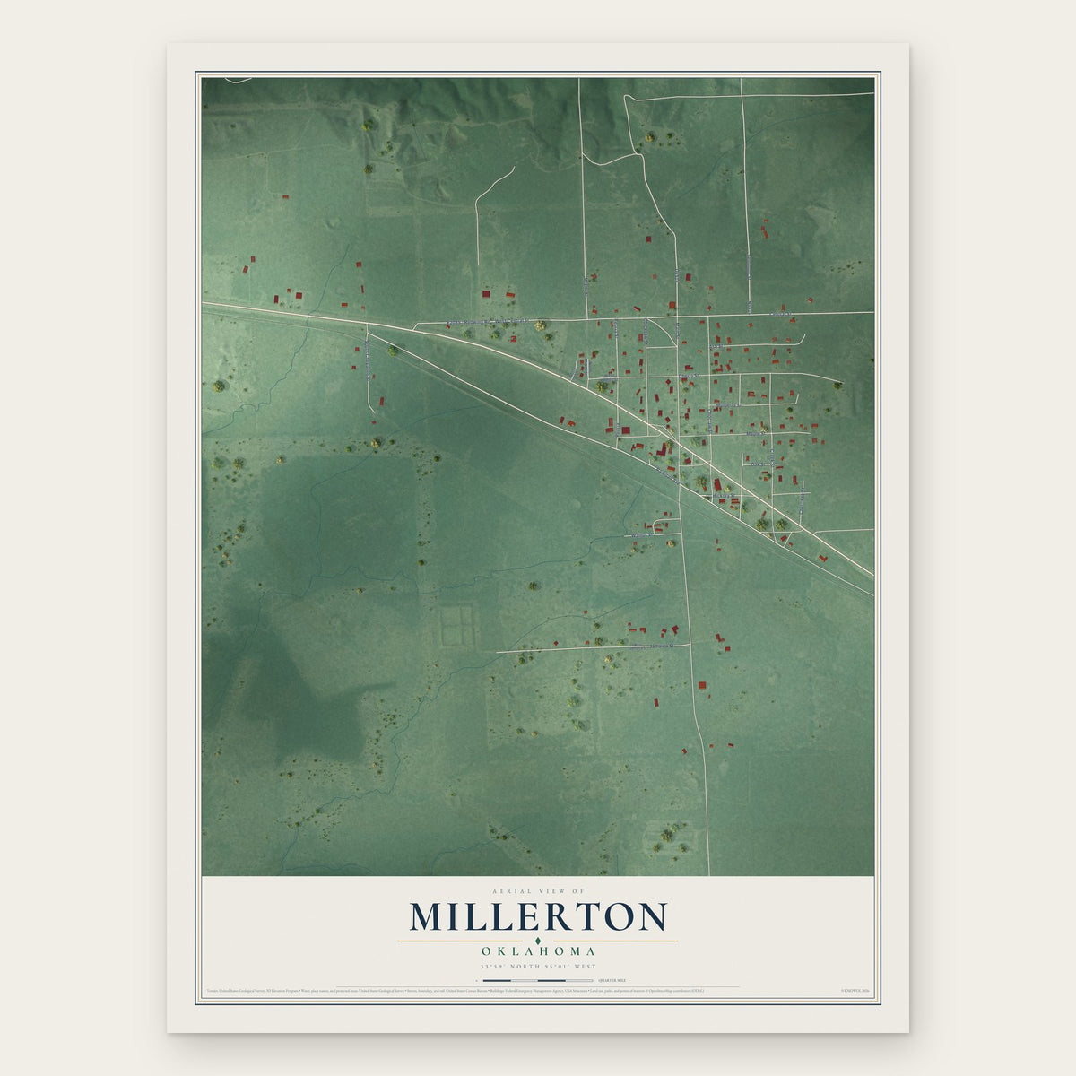 Millerton, Oklahoma map print, the full design