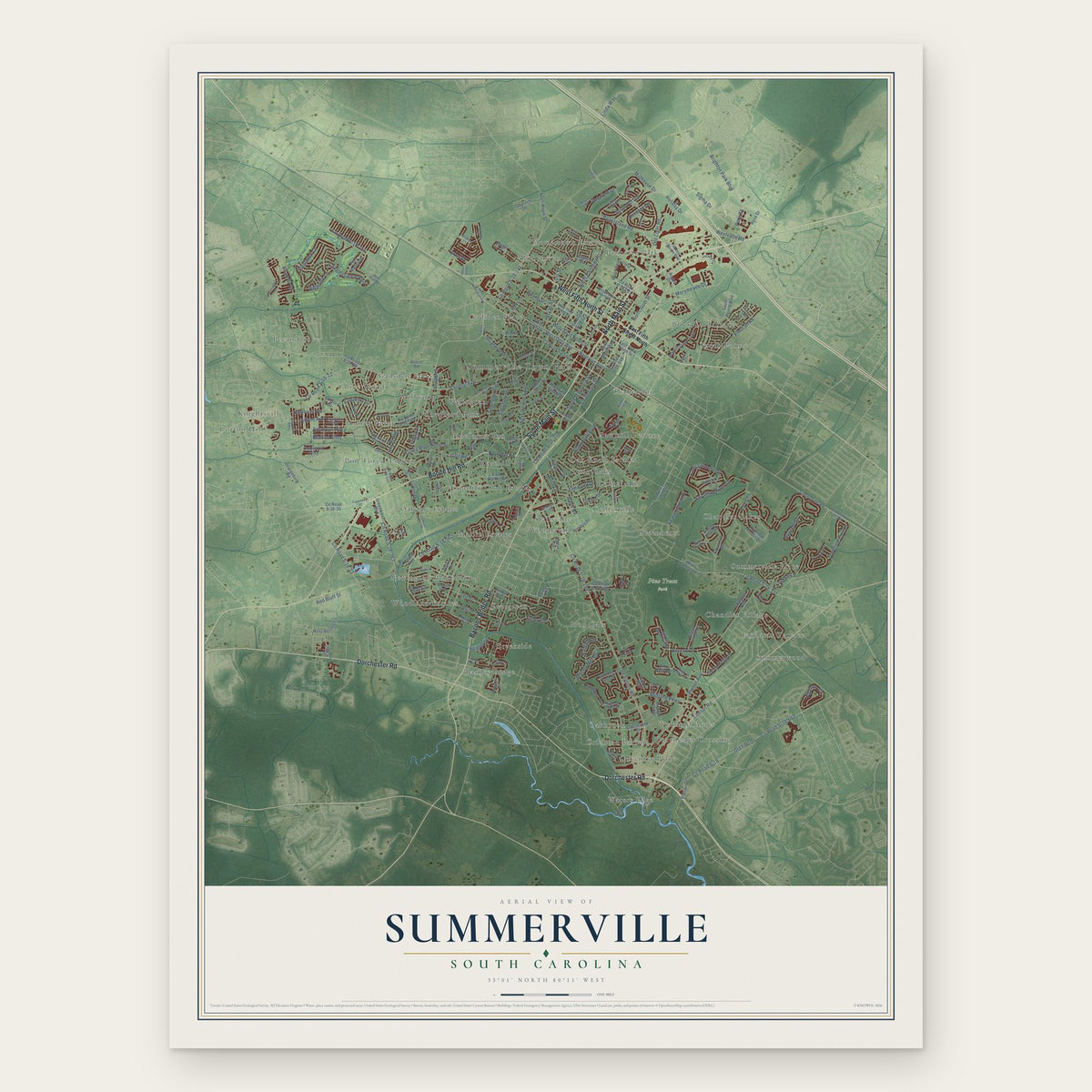 Summerville, South Carolina map print, the full design