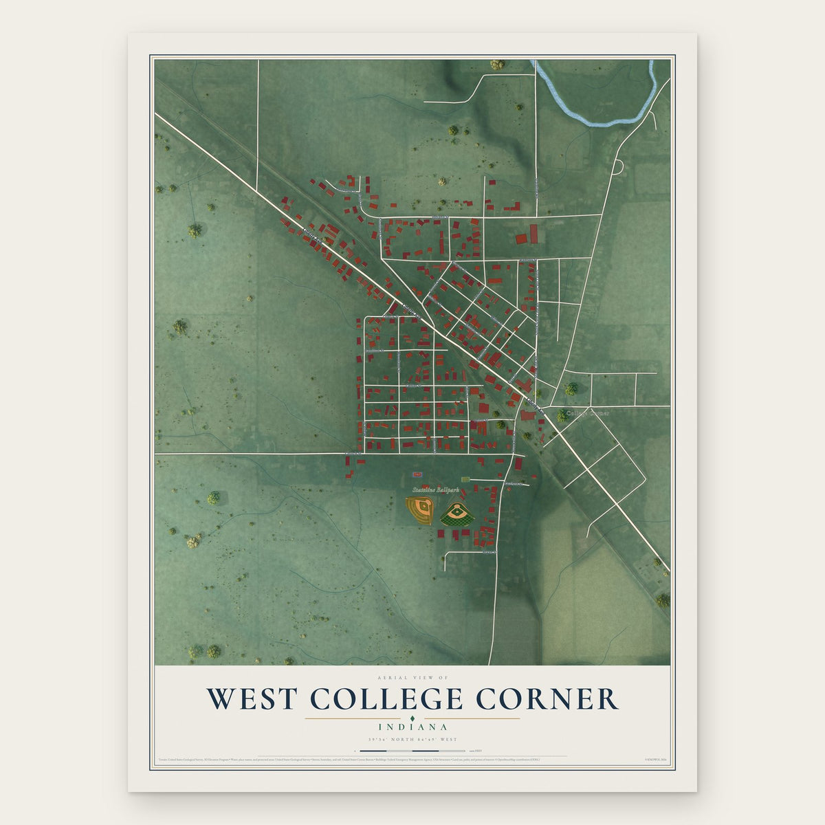 West College Corner, Indiana map print, the full design