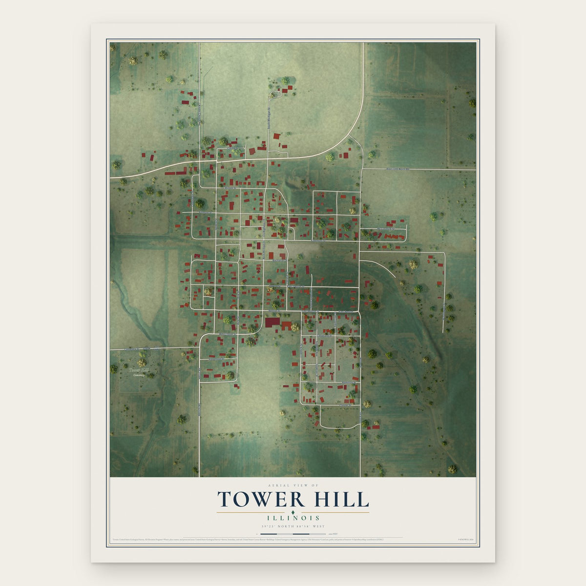 Tower Hill, Illinois map print, the full design