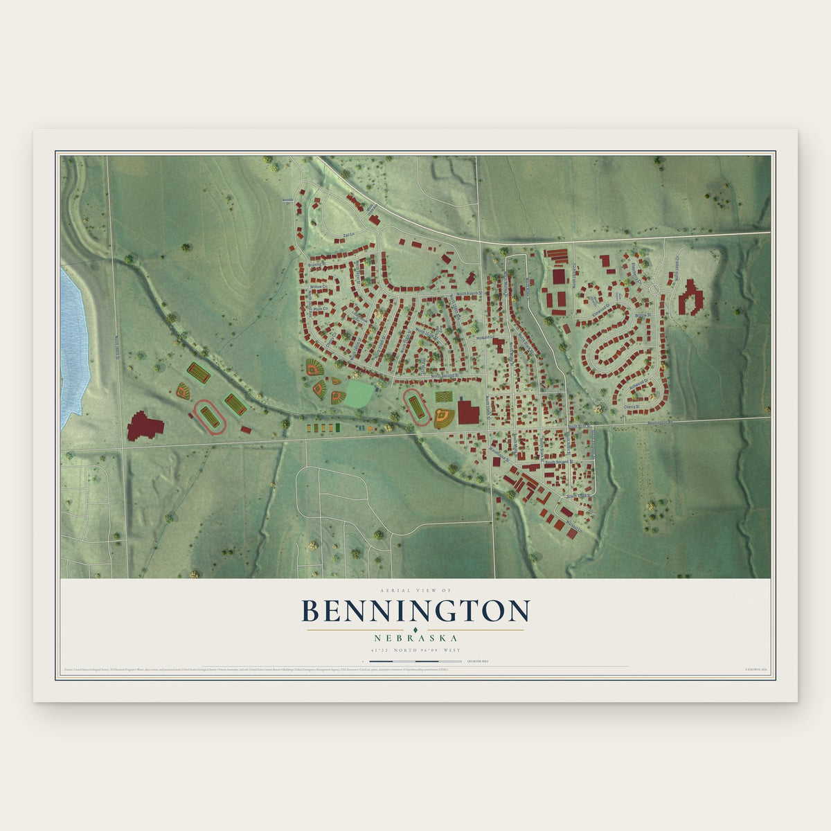 Bennington, Nebraska map print, the full design