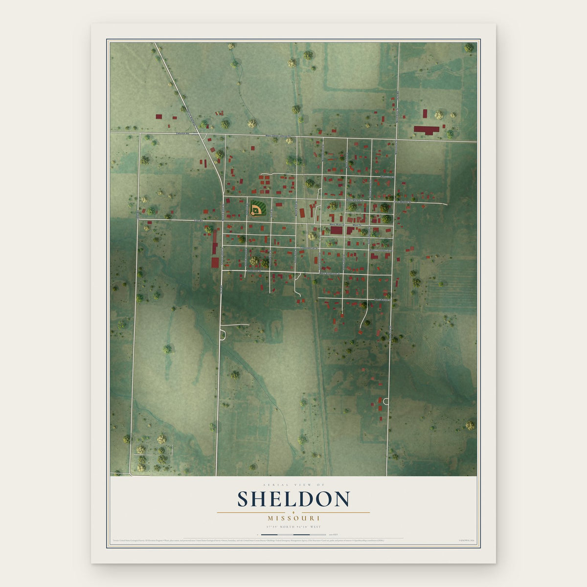 Sheldon, Missouri map print, the full design