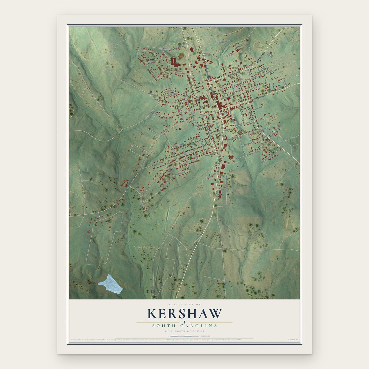 Kershaw, South Carolina map print, the full design