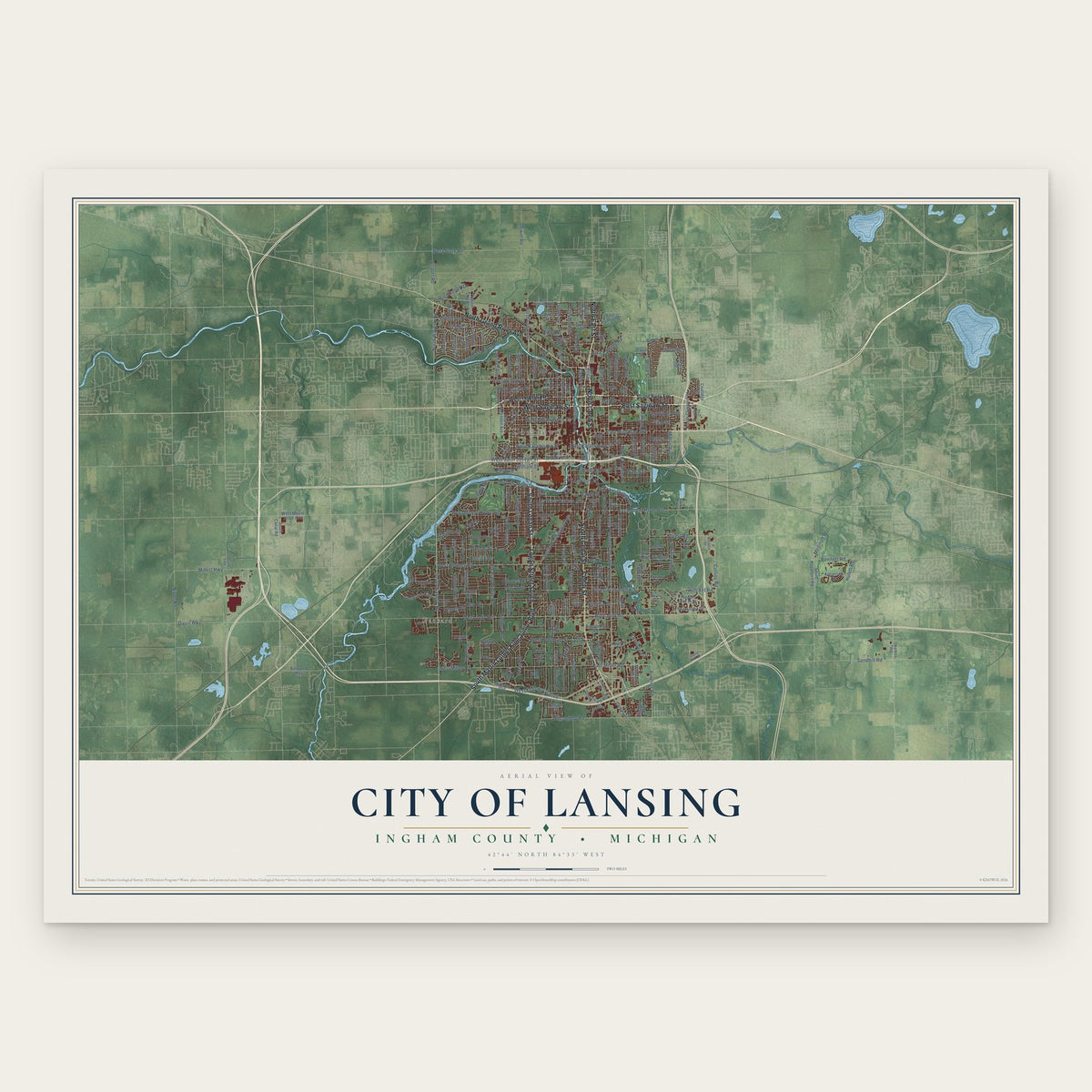 Lansing, Michigan map print, the full design