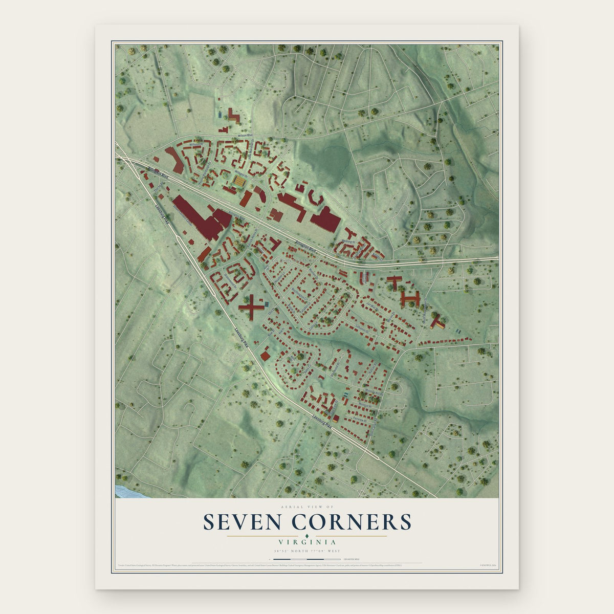 Seven Corners, Virginia map print, the full design