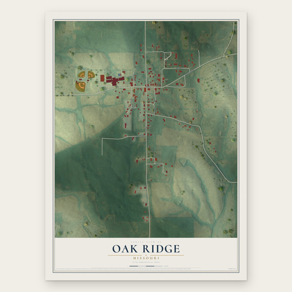 Oak Ridge, Missouri map print, the full design
