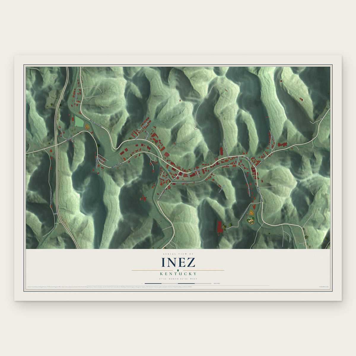 Inez, Kentucky map print, the full design