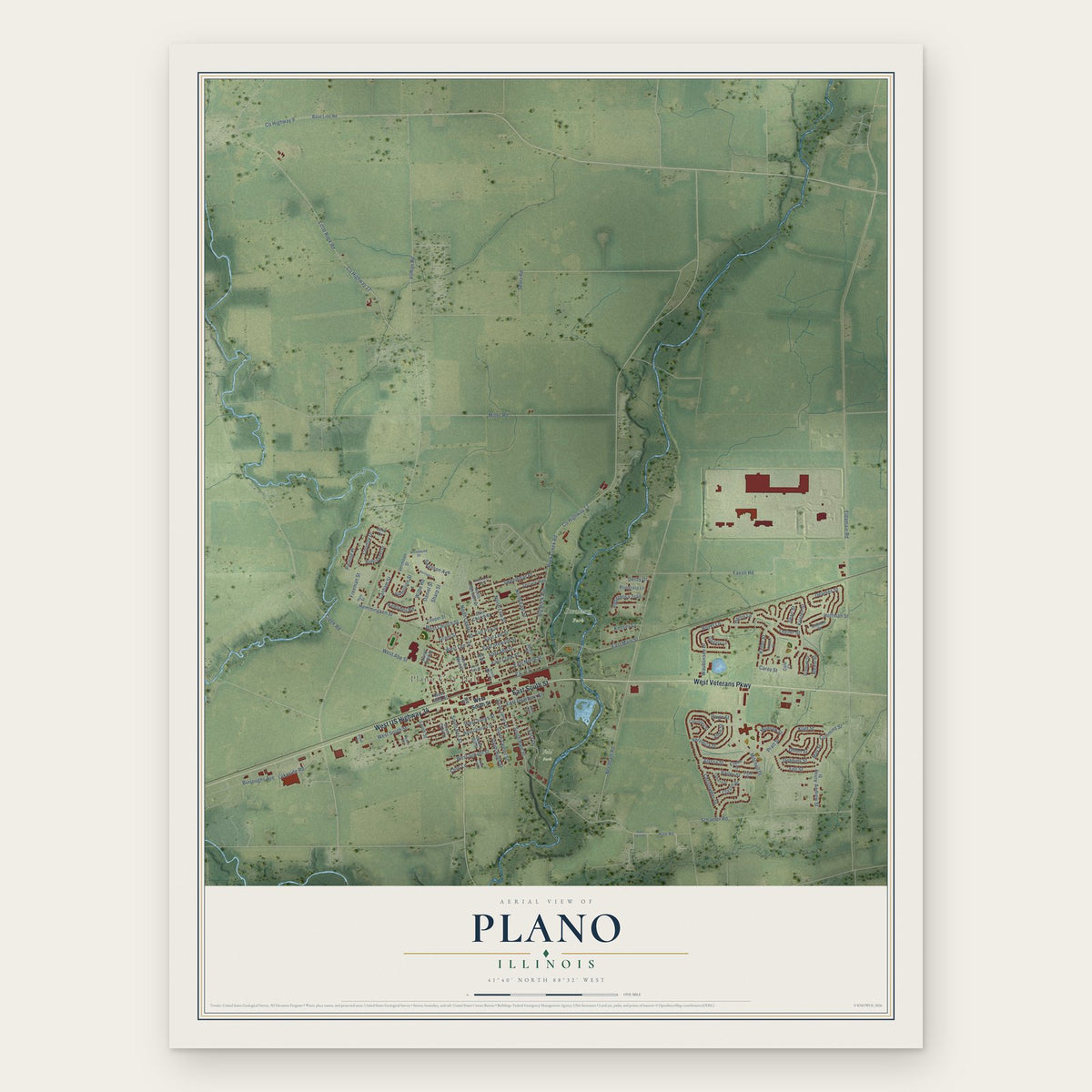 Plano, Illinois map print, the full design