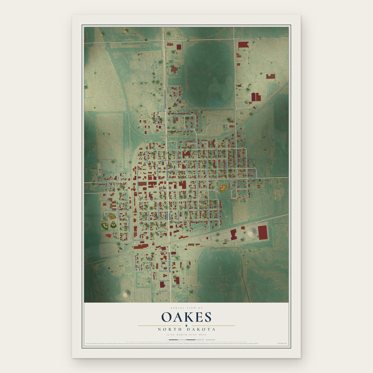 Oakes, North Dakota map print, the full design