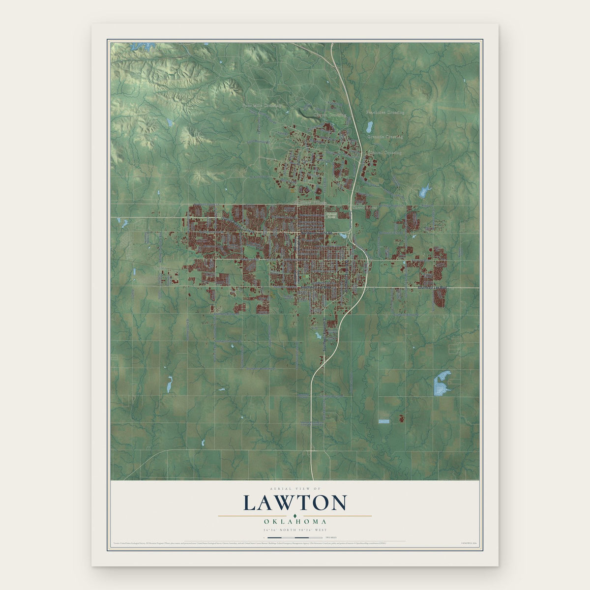 Lawton, Oklahoma map print, the full design