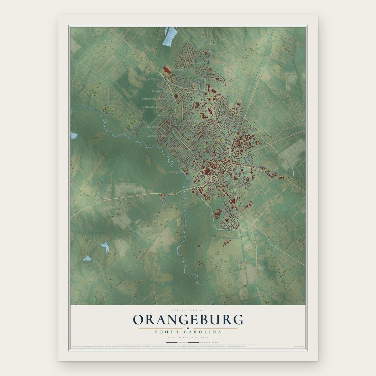 Orangeburg, South Carolina map print, the full design
