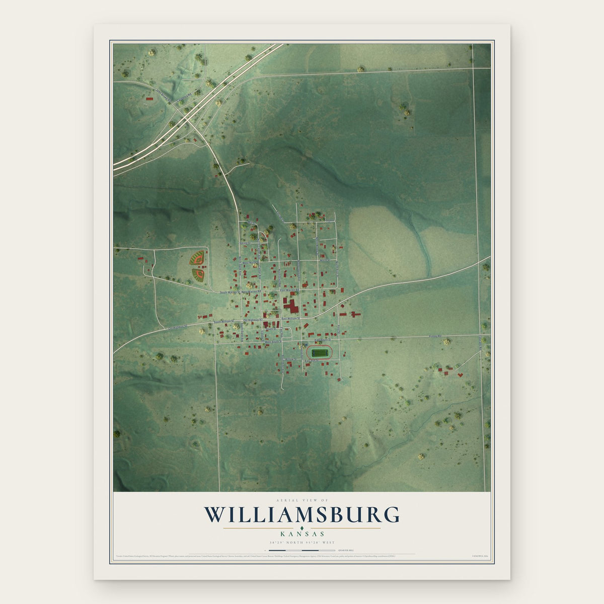 Williamsburg, Kansas map print, the full design