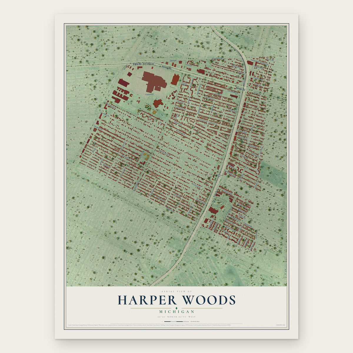 Harper Woods, Michigan map print, the full design