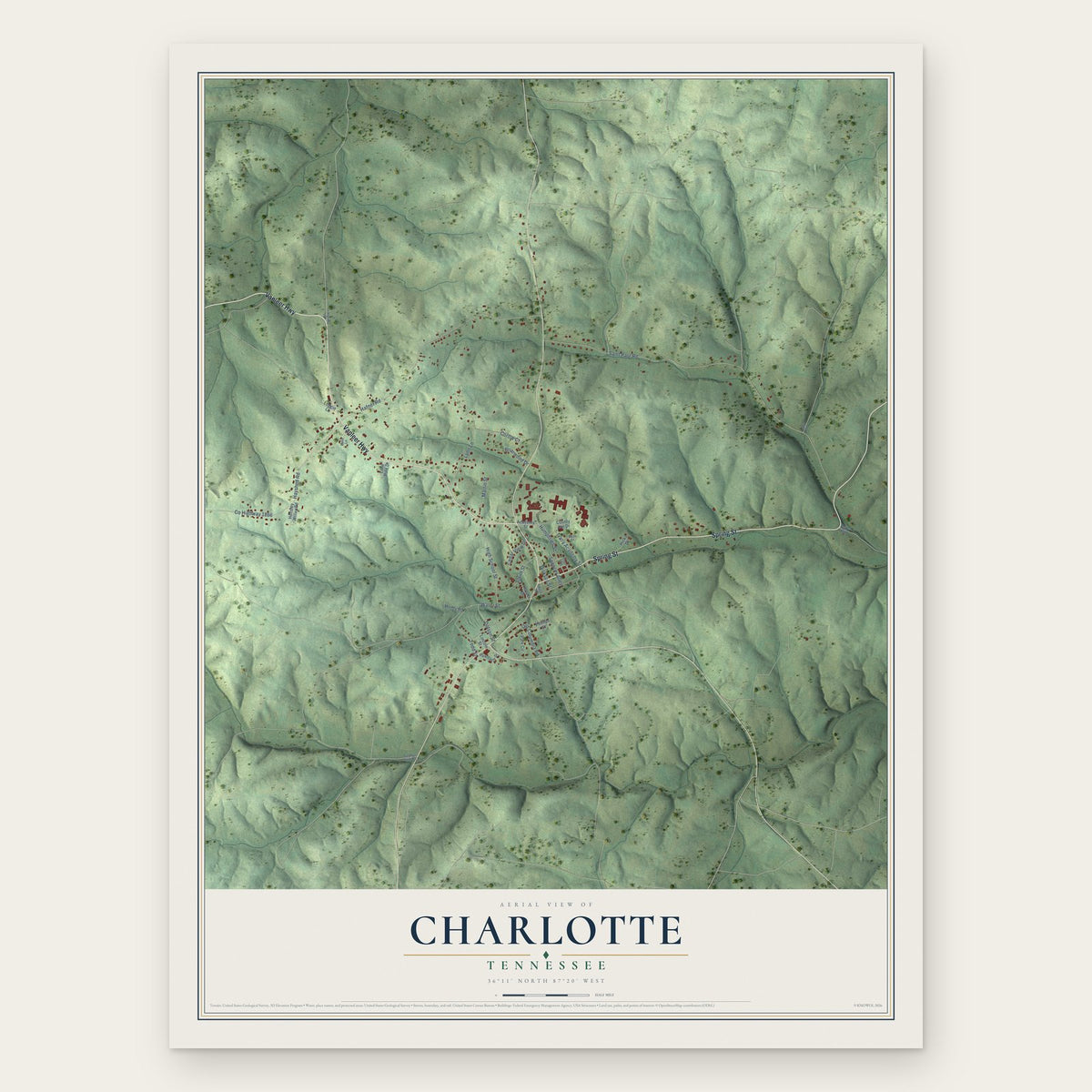 Charlotte, Tennessee map print, the full design