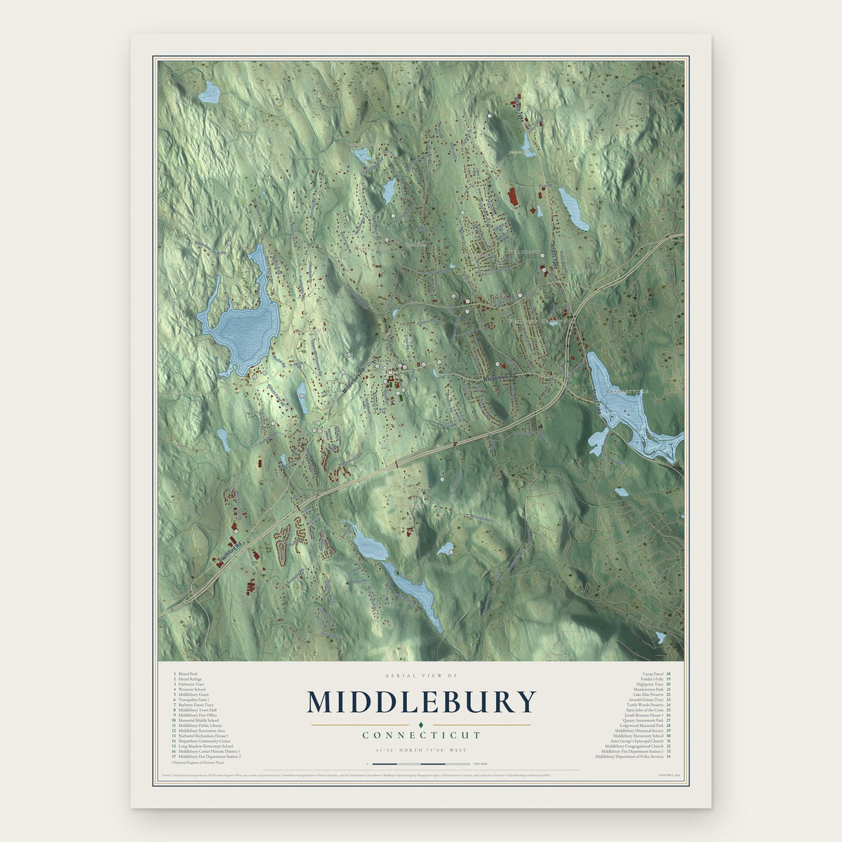 Middlebury, Connecticut map print, the full design