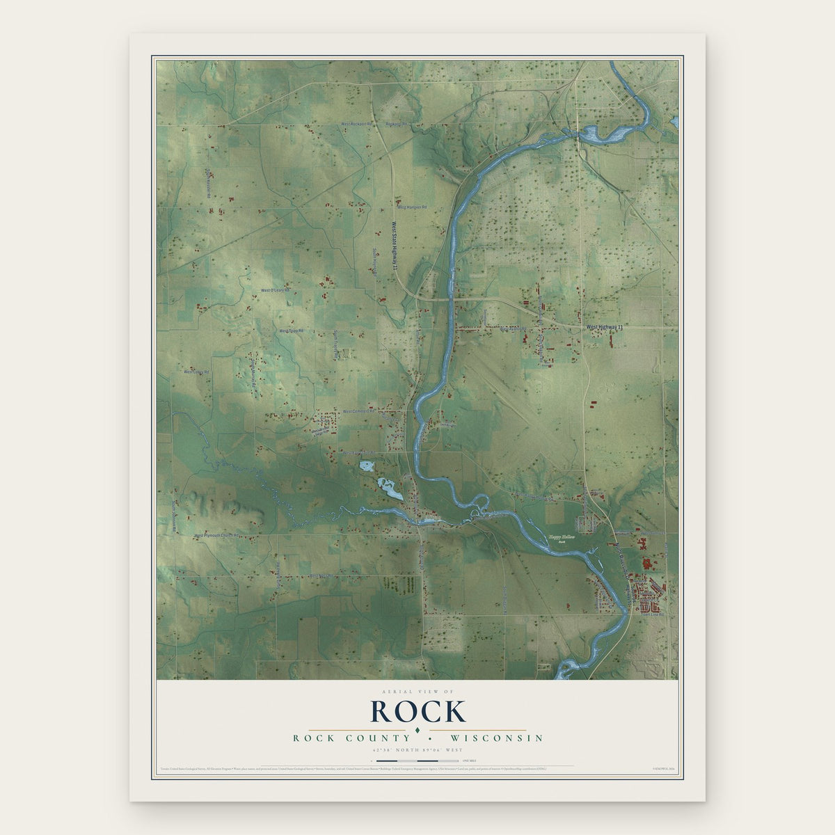 Rock, Rock County, Wisconsin map print, the full design
