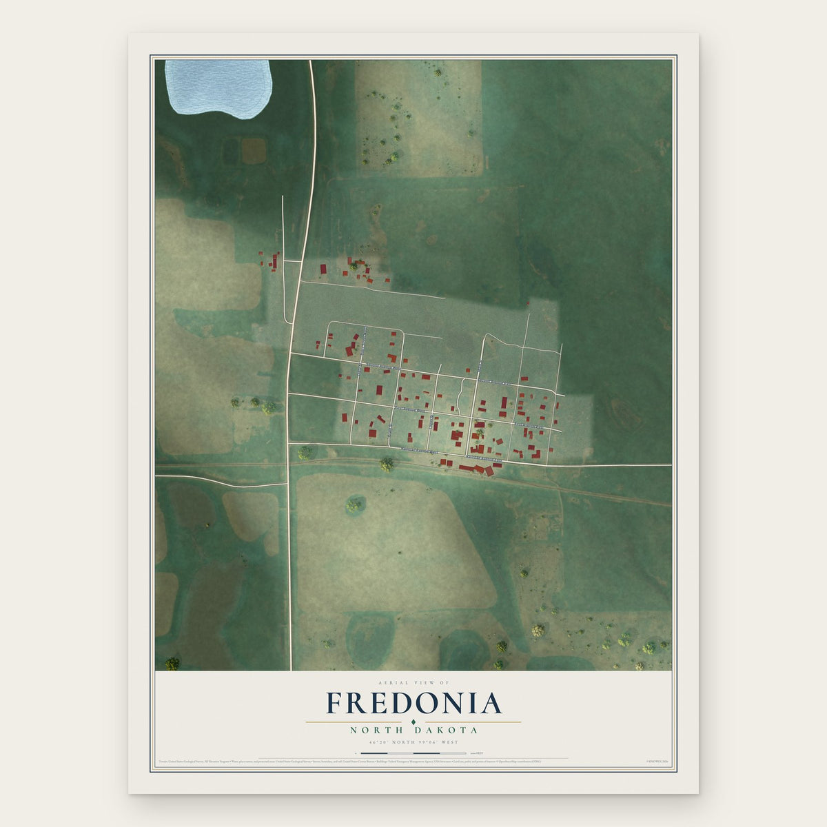 Fredonia, North Dakota map print, the full design
