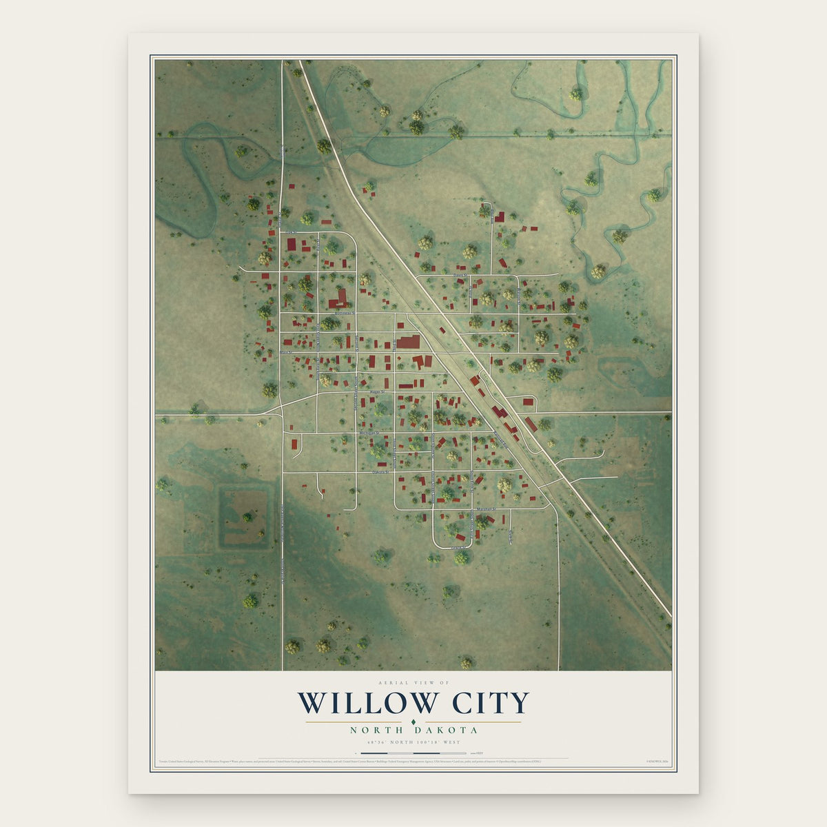 Willow City, North Dakota map print, the full design