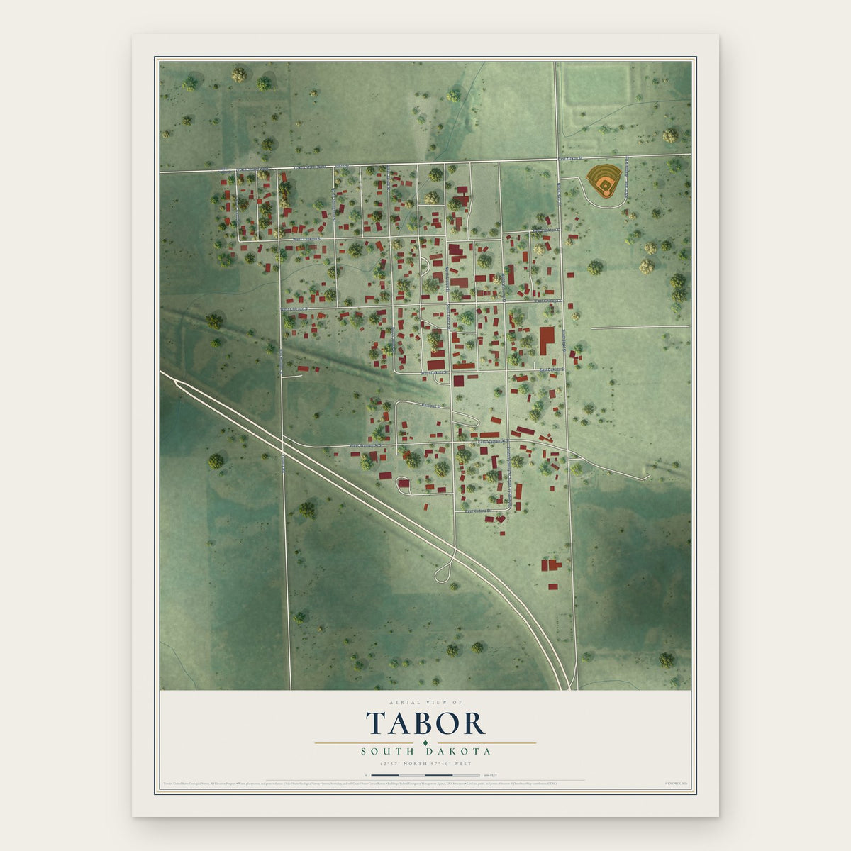 Tabor, South Dakota map print, the full design