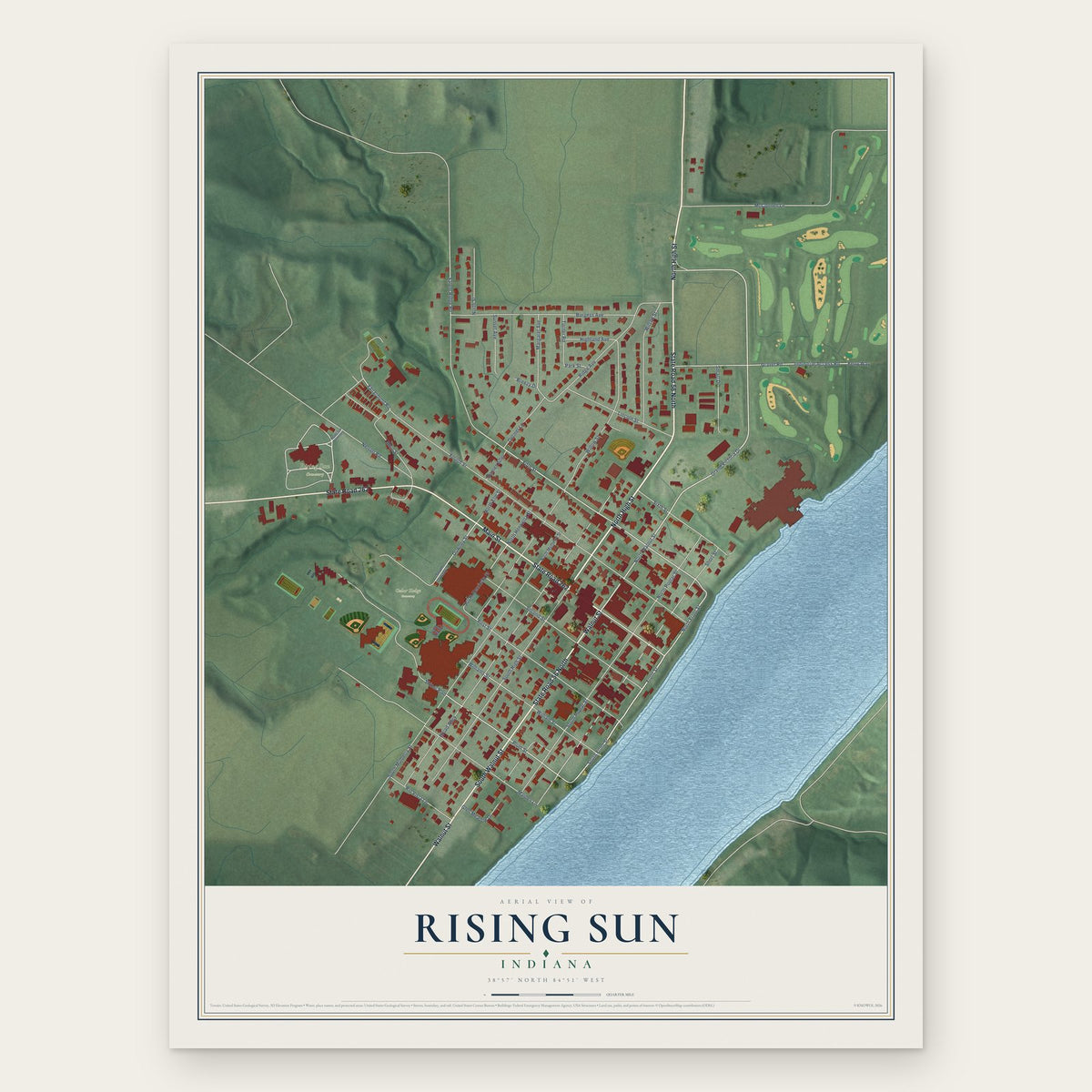 Rising Sun, Indiana map print, the full design