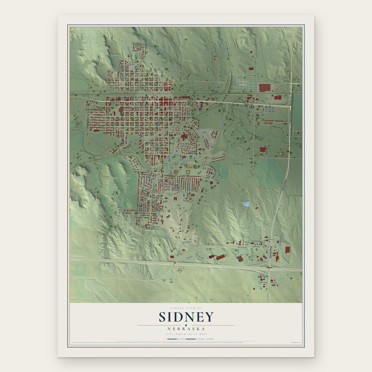 Sidney, Nebraska map print, the full design