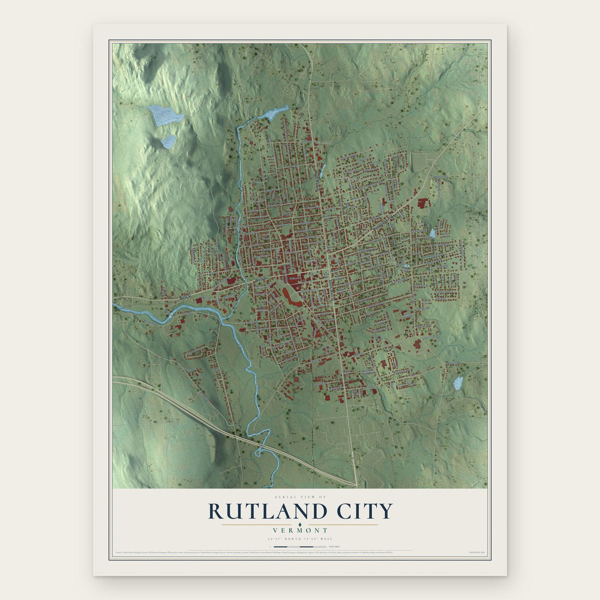 Rutland City, Vermont map print, the full design
