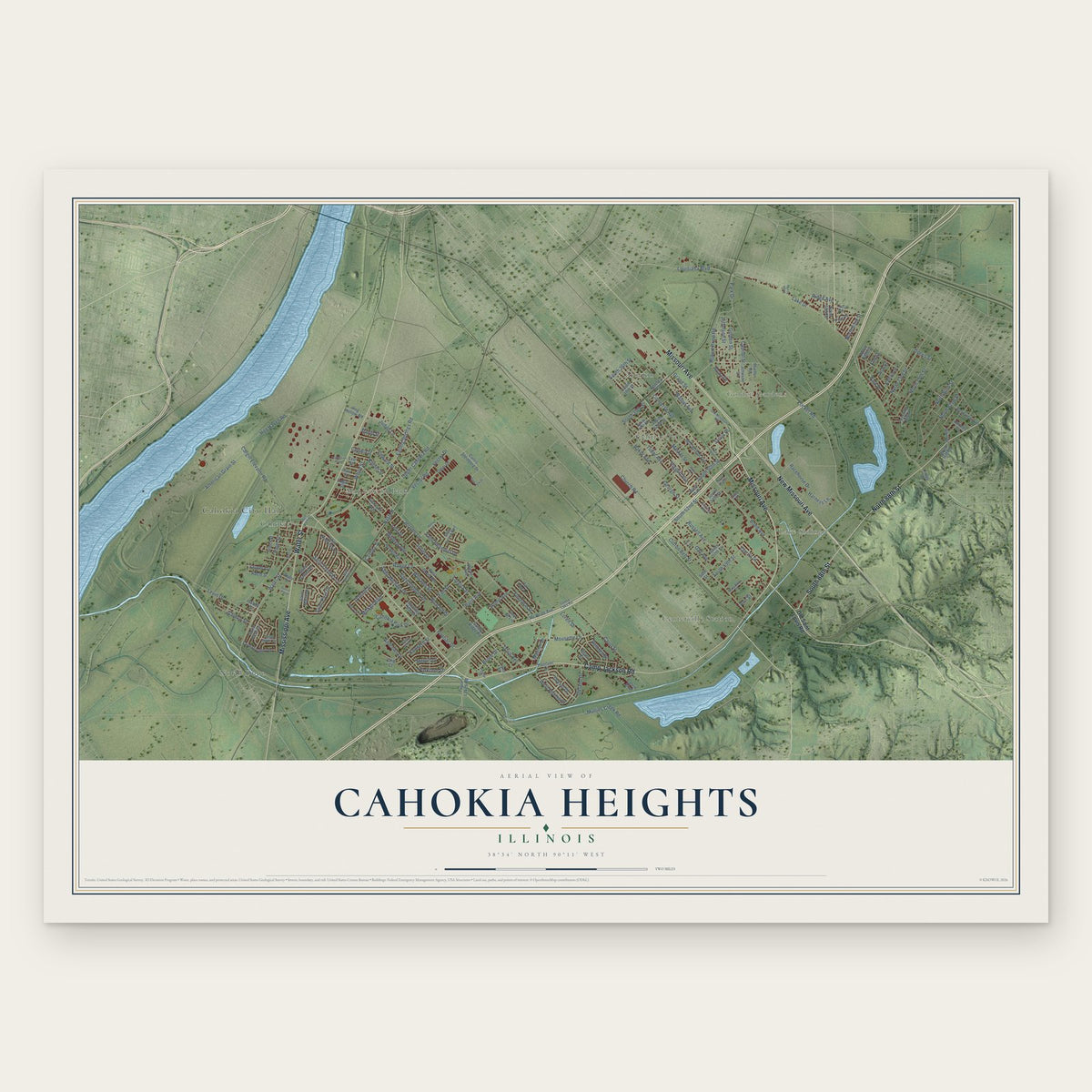 Cahokia Heights, Illinois map print, the full design