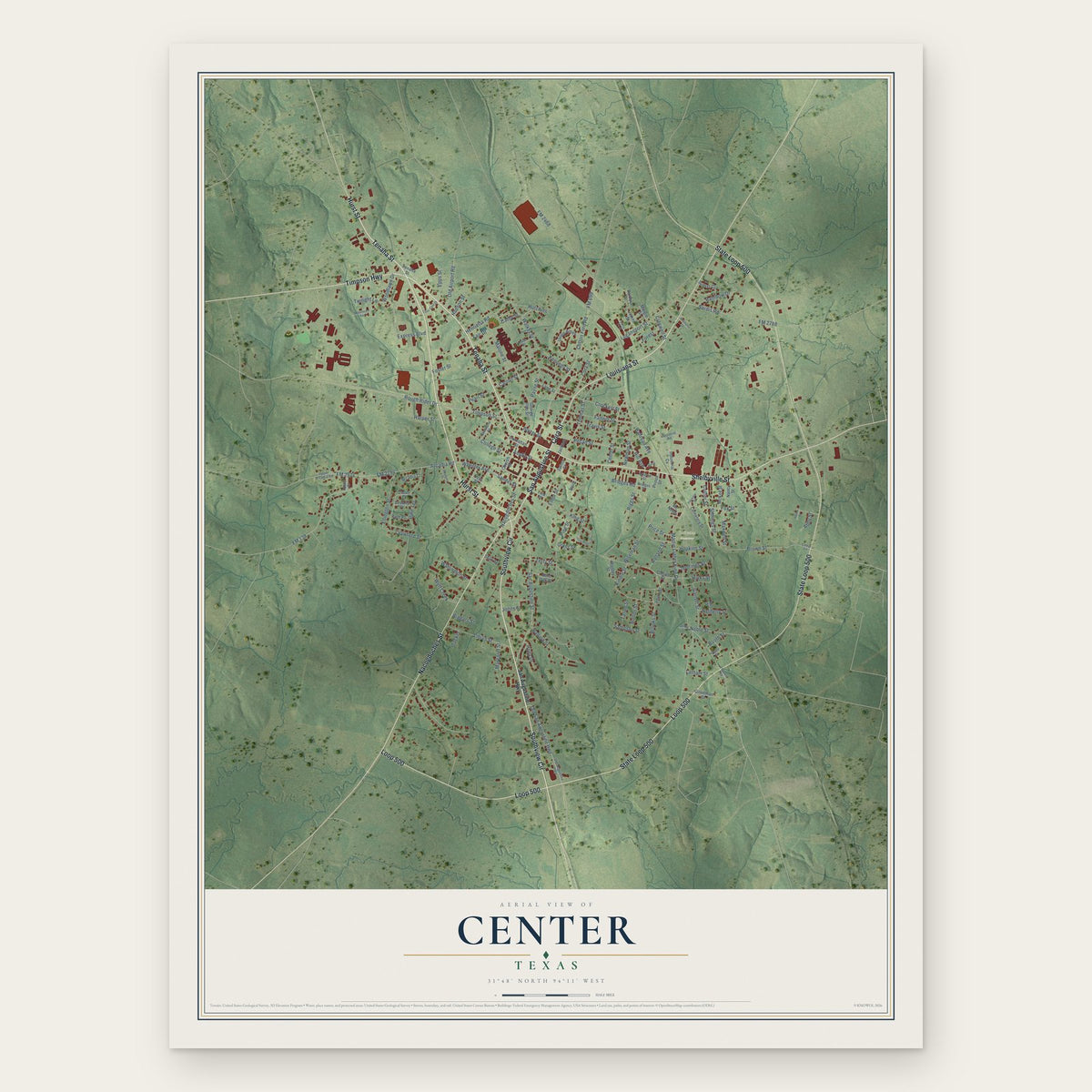 Center, Texas map print, the full design