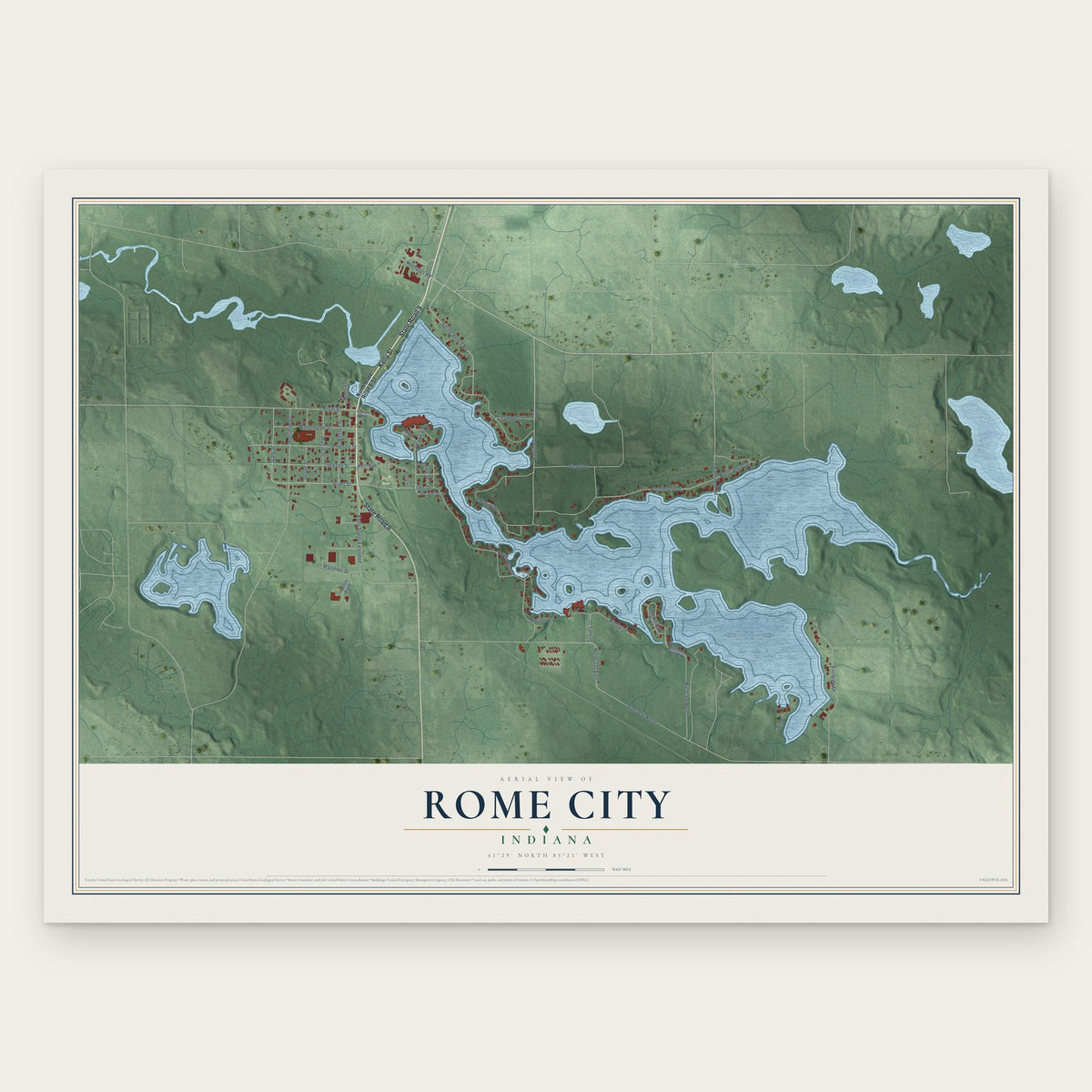 Rome City, Indiana map print, the full design