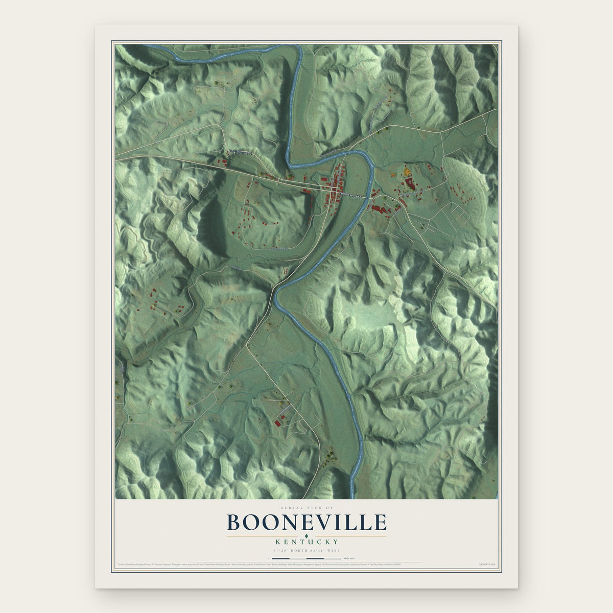 Booneville, Kentucky map print, the full design