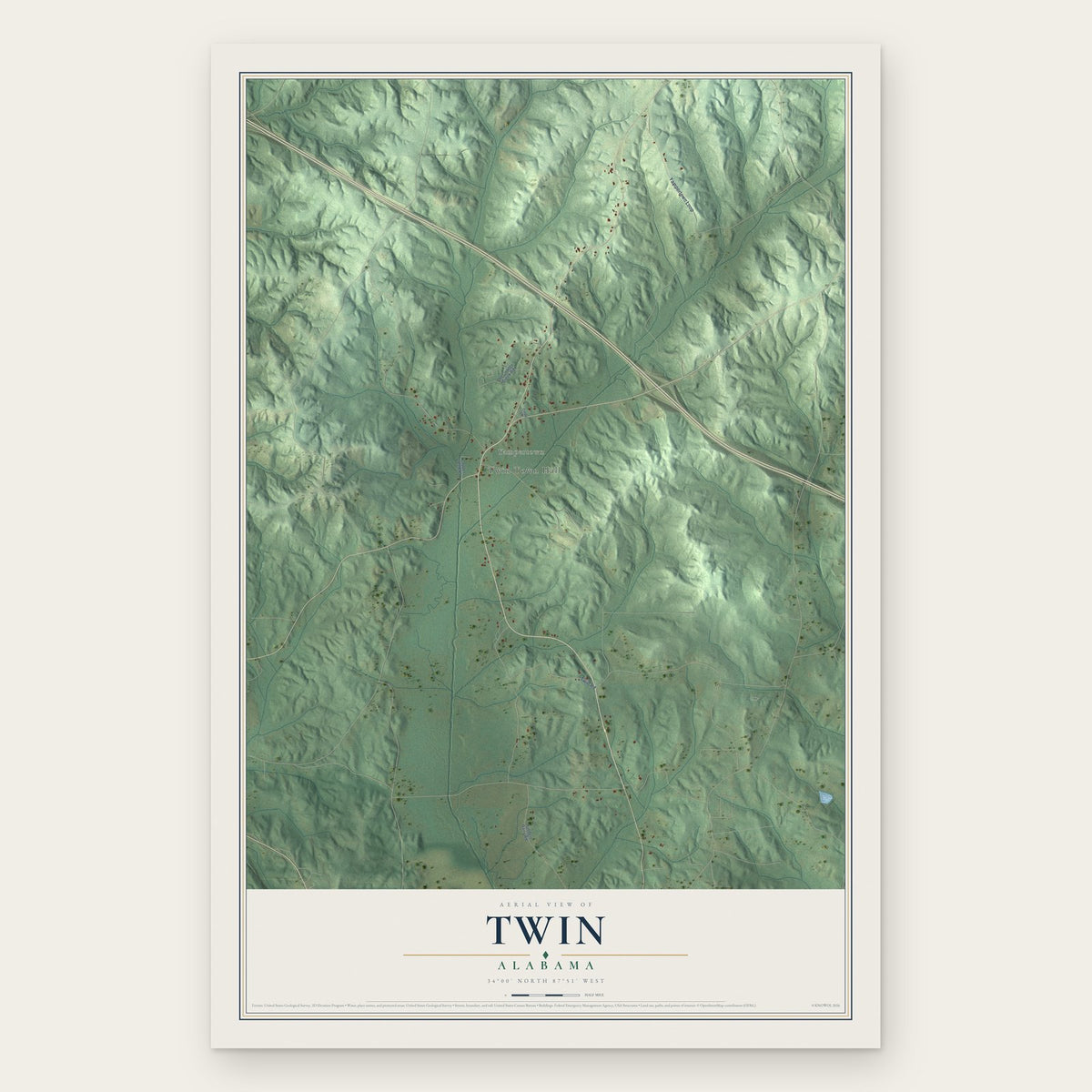 Twin, Alabama map print, the full design