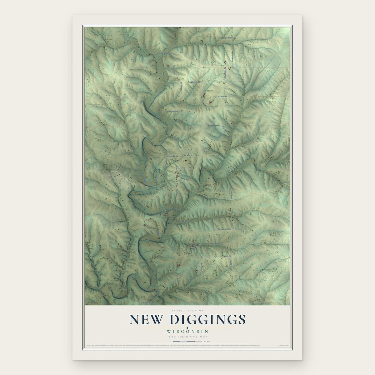 New Diggings, Wisconsin map print, the full design