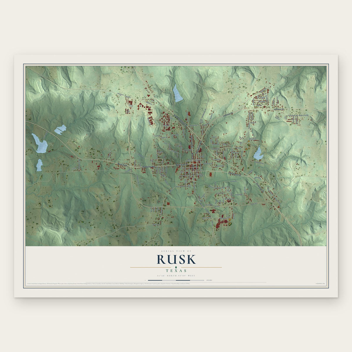 Rusk, Texas map print, the full design