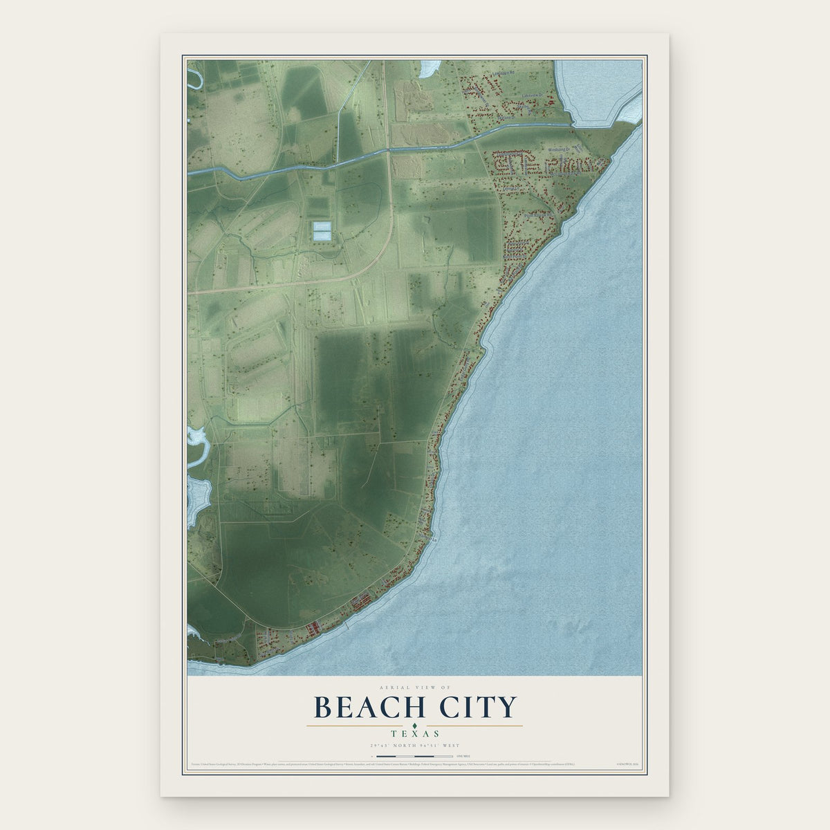 Beach City, Texas map print, the full design