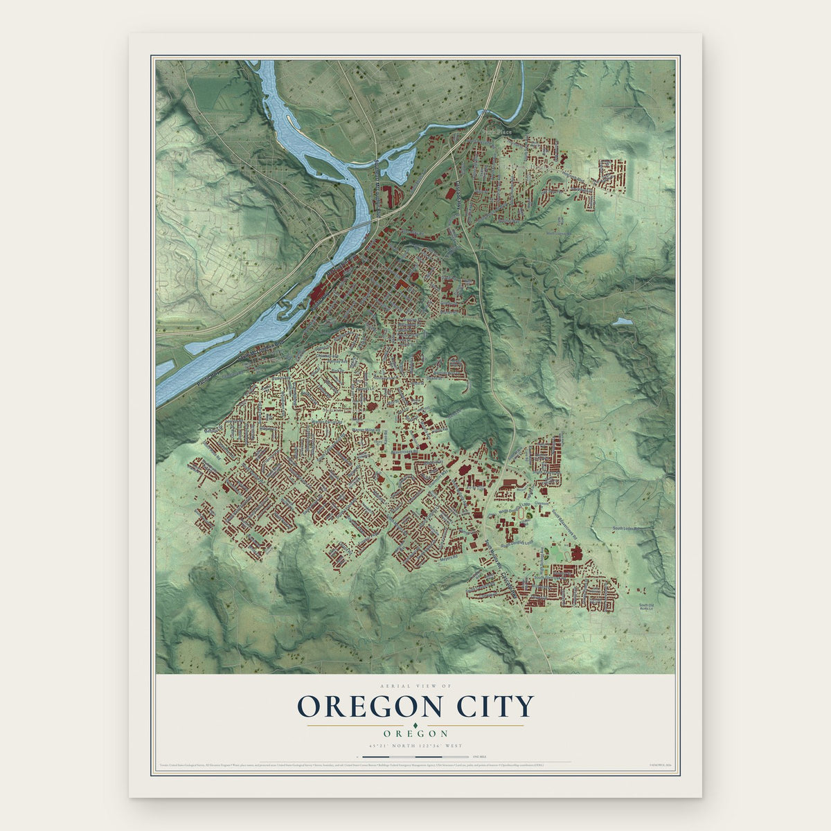 Oregon City, Oregon map print, the full design