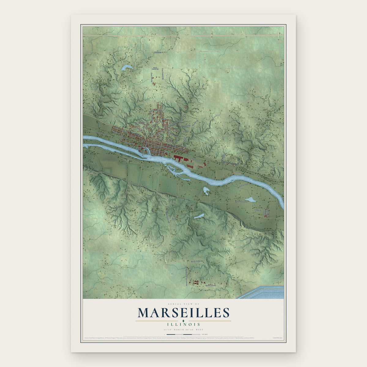 Marseilles, Illinois map print, the full design