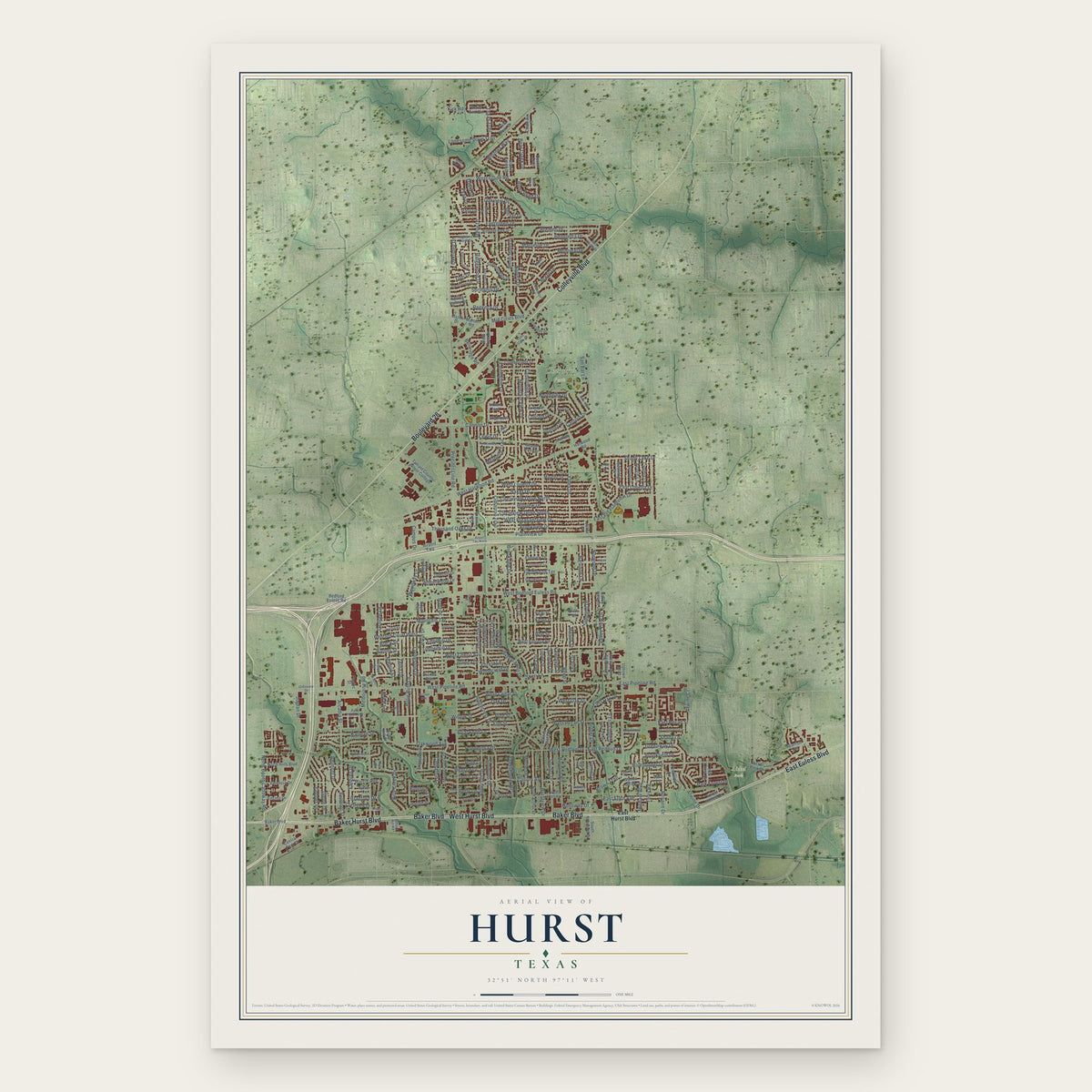 Hurst, Texas map print, the full design