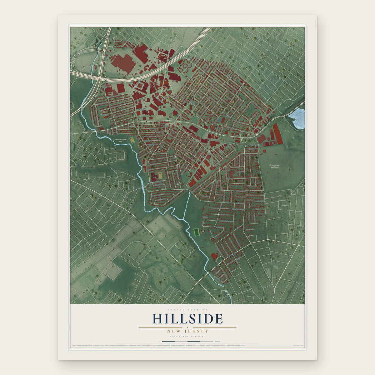 Hillside, New Jersey map print, the full design